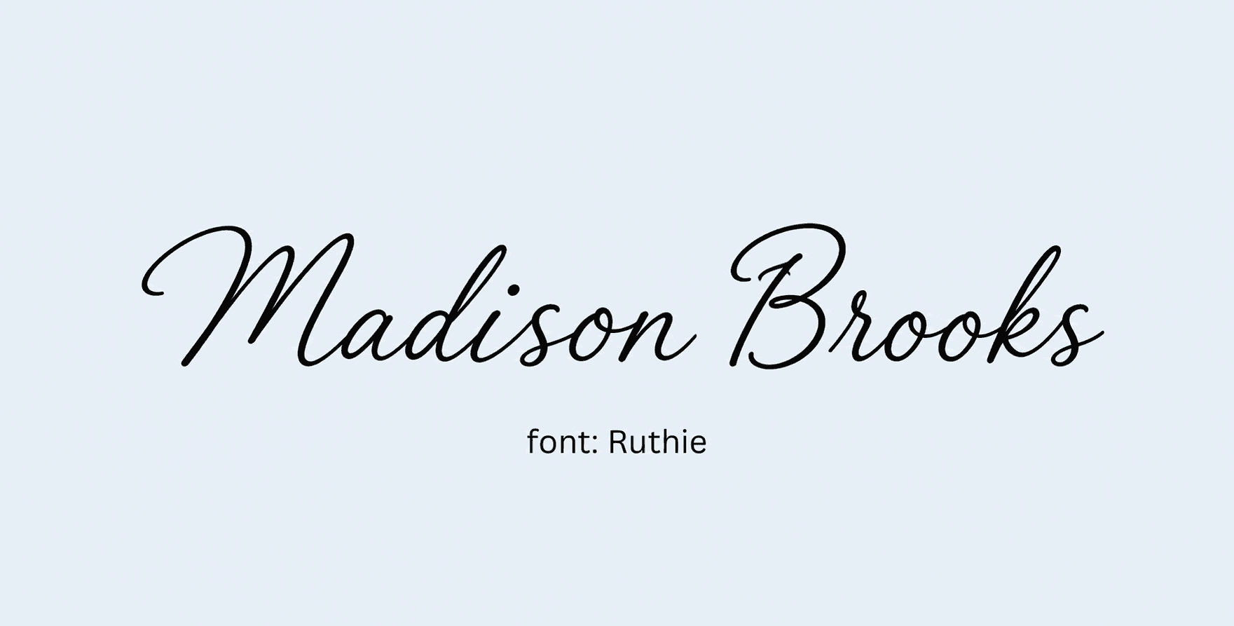 Sample name signed in a cursive signature font on a light background, with the font name labeled below.