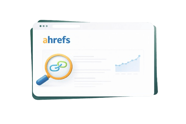 Illustration of Ahrefs SEO tool showing a dashboard with backlink analysis, domain metrics, and search engine data inside a floating card.