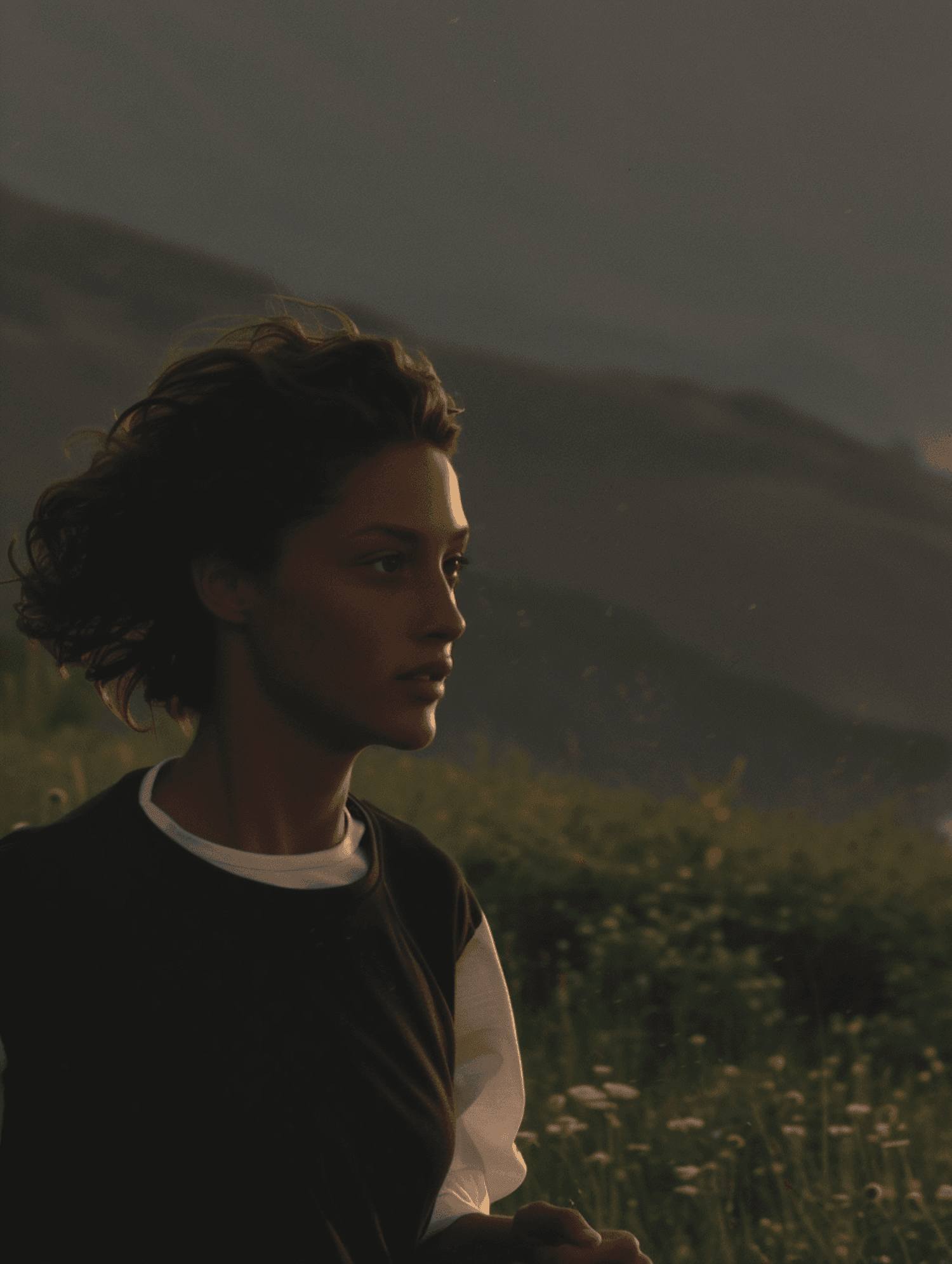 Person standing in a field with wind and mountains in background