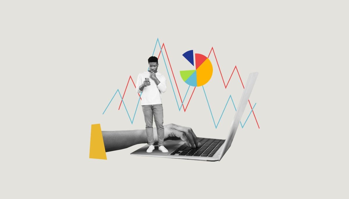 Illustration of person and laptop with pie chart and line graphs, used to depict engineering case study creation.