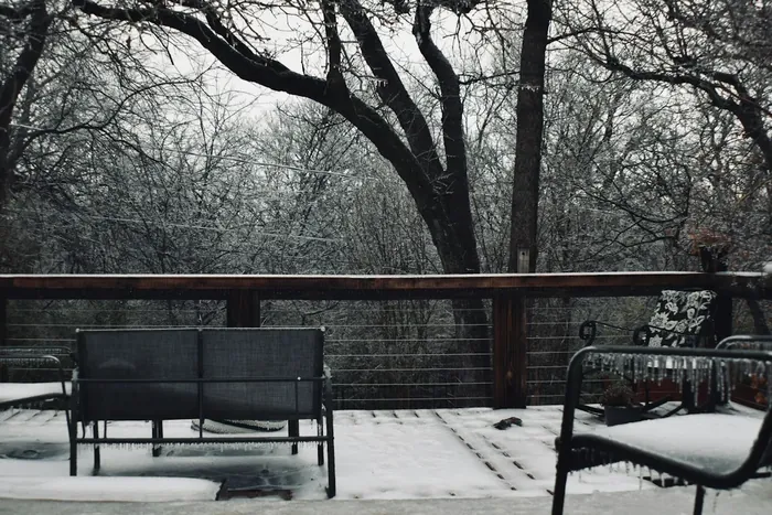 Outdoor terrace seating under bare winter trees