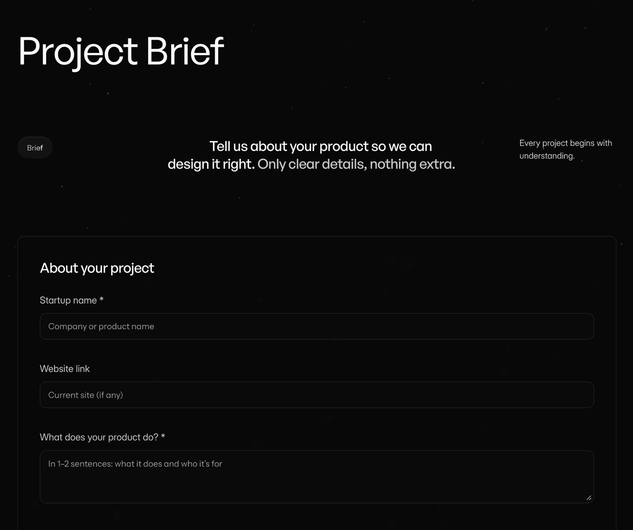 Luna UI project brief form — design studio that asks the right questions about your product goals before starting work