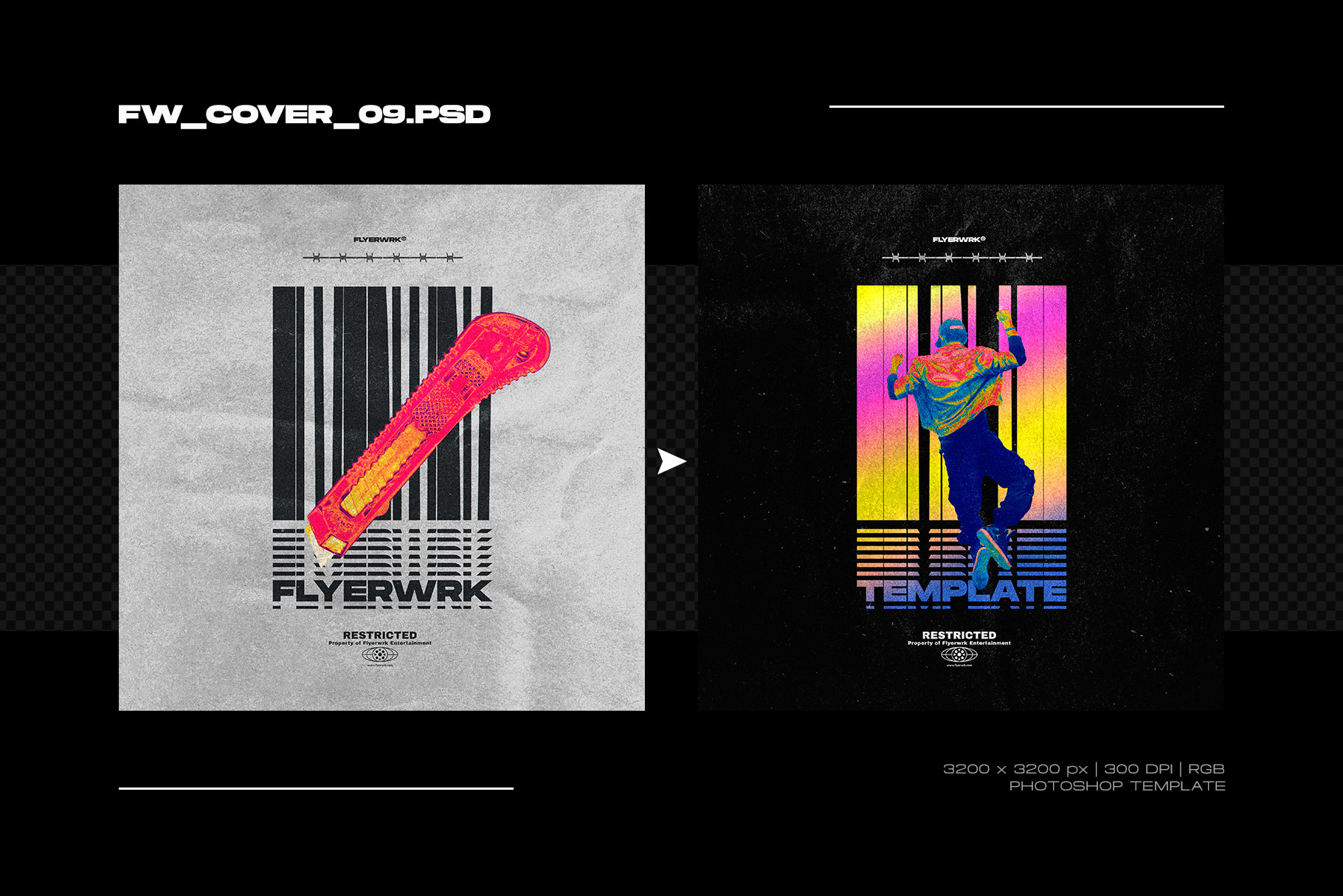 Artistic album cover layout featuring a bright utility knife graphic over a barcode background