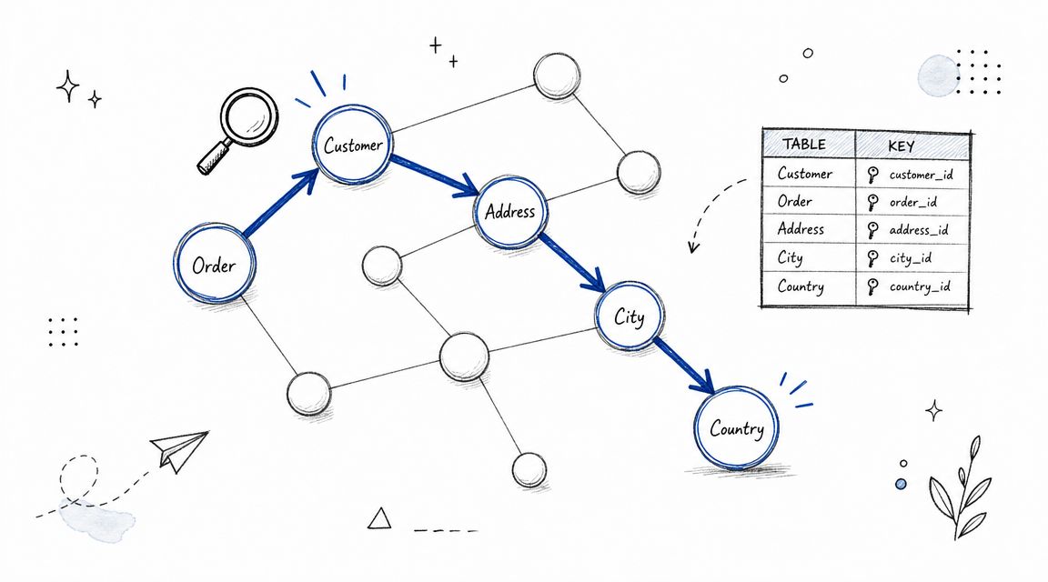 A hand-drawn illustration showing a database schema with interconnected nodes representing customer and order data relationships.