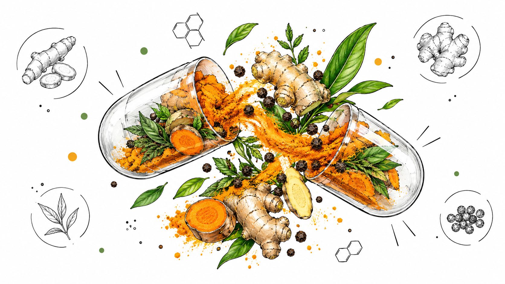 A conceptual illustration of an open capsule releasing natural turmeric, ginger, and black peppercorn ingredients.