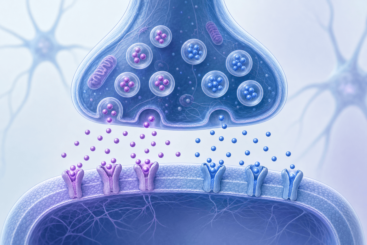 A clean scientific illustration showing a neural synapse with dopamine and norepinephrine neurotransmitters being released between two neurons. Show synaptic vesicles, neurotransmitter molecules in the synaptic cleft, and receptor sites on the receiving neuron. Use soft blues and purples for a calming medical illustration style. Cross-section view, educational and professional appearance, minimal background.