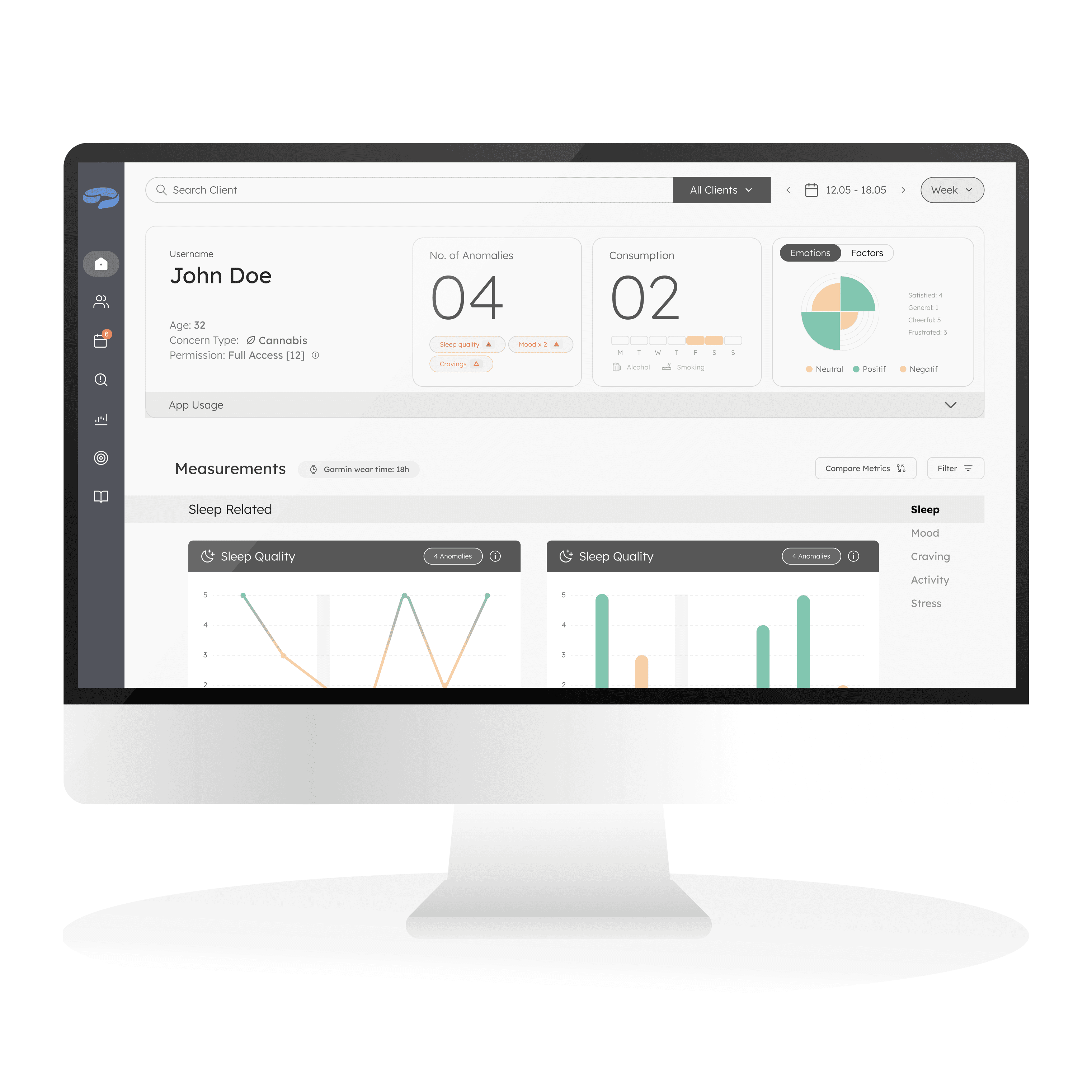 A sleek laptop displays a healthcare management dashboard with a patient list, showing names, groups, contact information, and status updates, set against a minimalist user interface