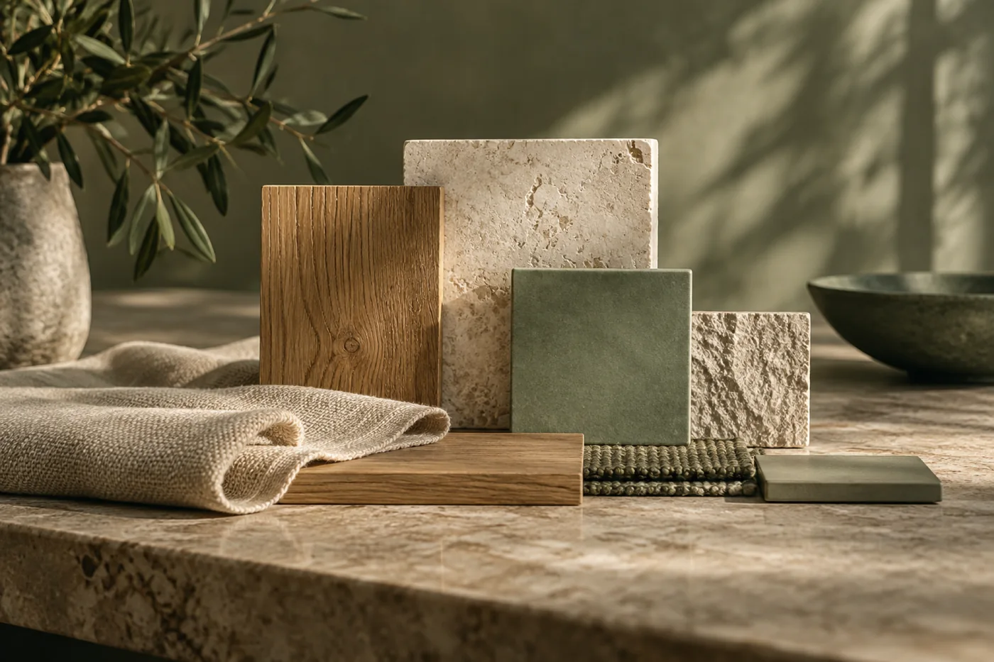 Flat lay of oak, limestone, linen and ceramic samples