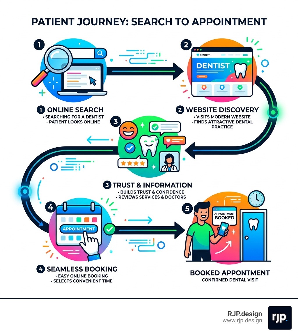 Patient journey infographic from online search to booked dental appointment - dental website redesign services infographic 