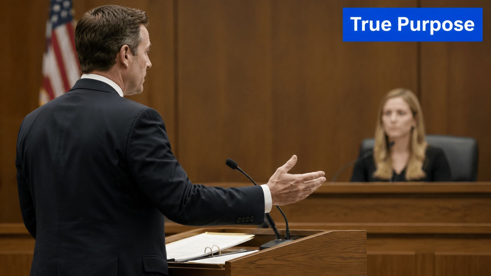 A man in a suit stands at a courtroom podium speaking to an off-screen person.