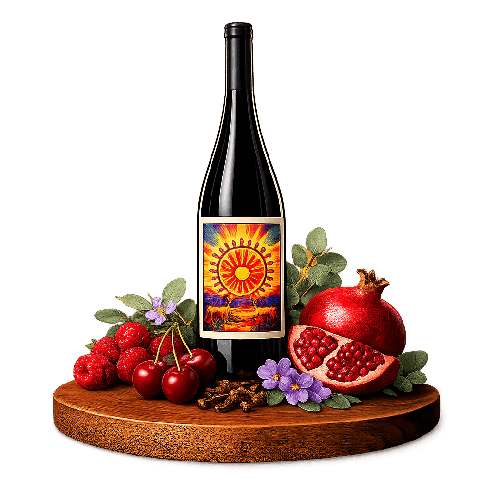 Artistic label and flavor profile for Anatolia Öküzgözü on a rustic wooden table.