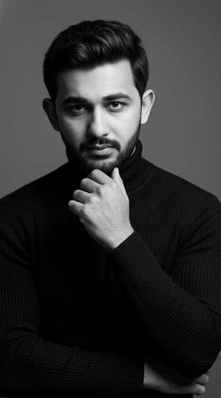 A woman wearing a stylish trench coat over a turtleneck, standing confidently against a neutral background.
