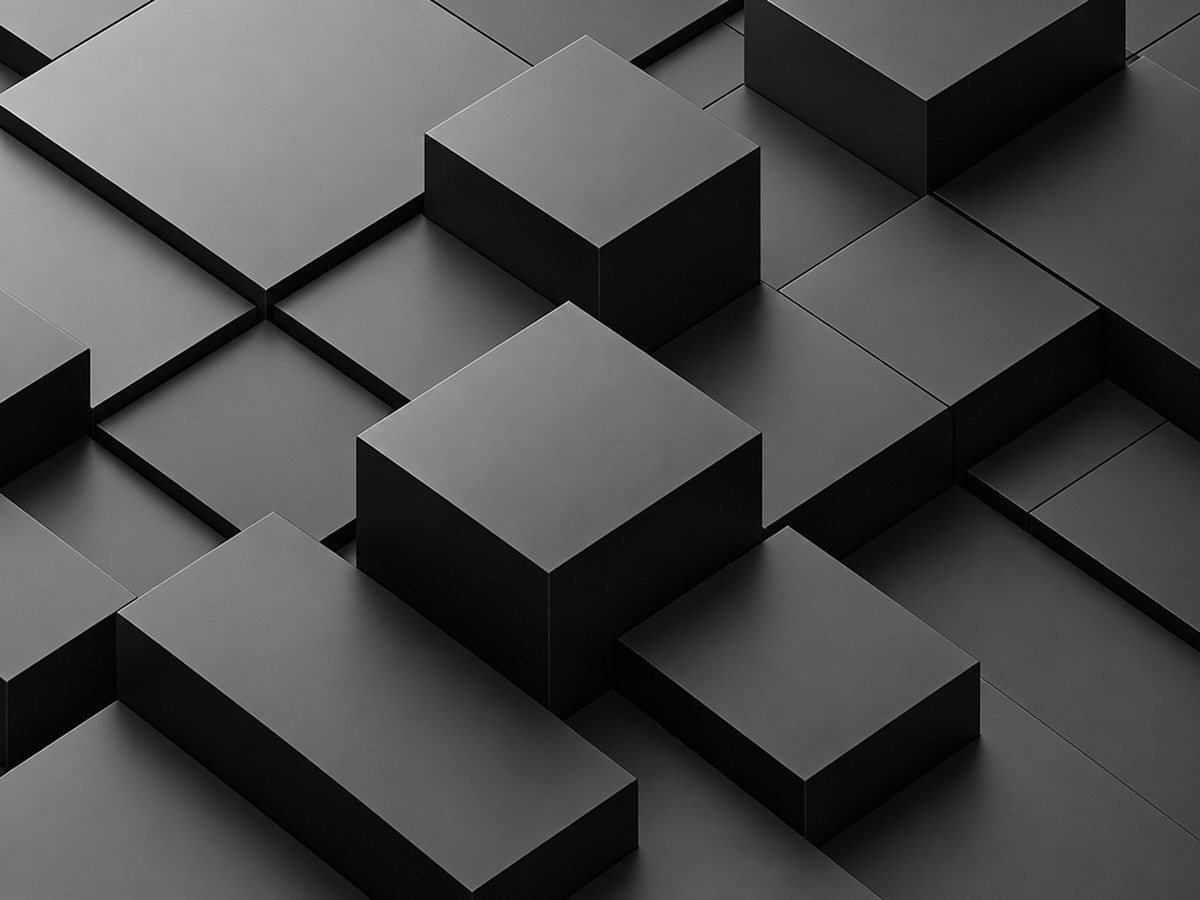 Abstract monochrome composition of raised black rectangular blocks arranged in an interlocking geometric pattern.