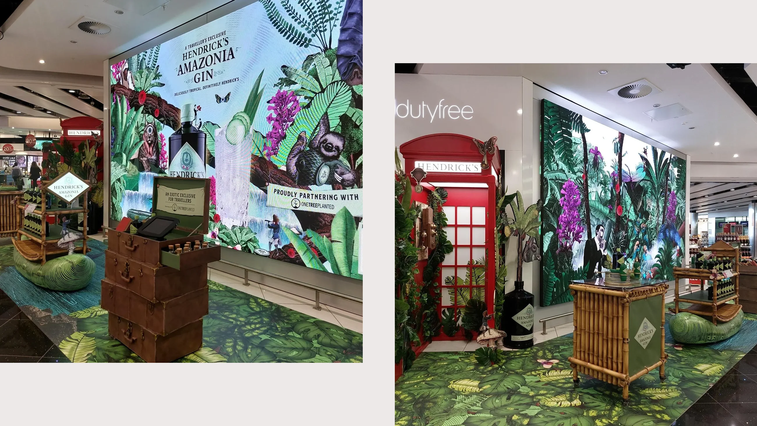 Hendrick's Amazonia Gin display within airport with large screen and product glorifiers