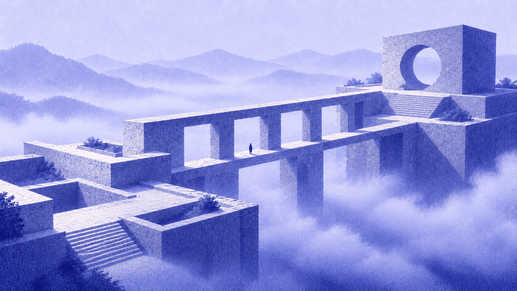 Connected stone terraces and an oculus pavilion rising through lavender mist