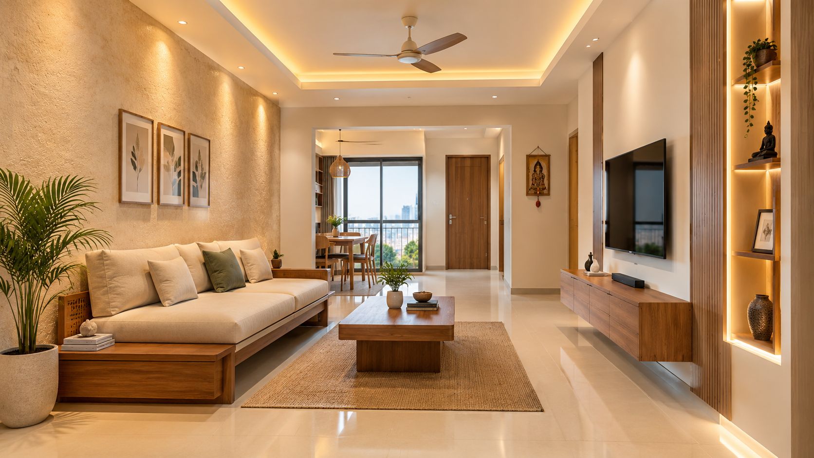 A modern, minimalist living room featuring a cozy sofa, wooden coffee table, and an illuminated accent shelf.