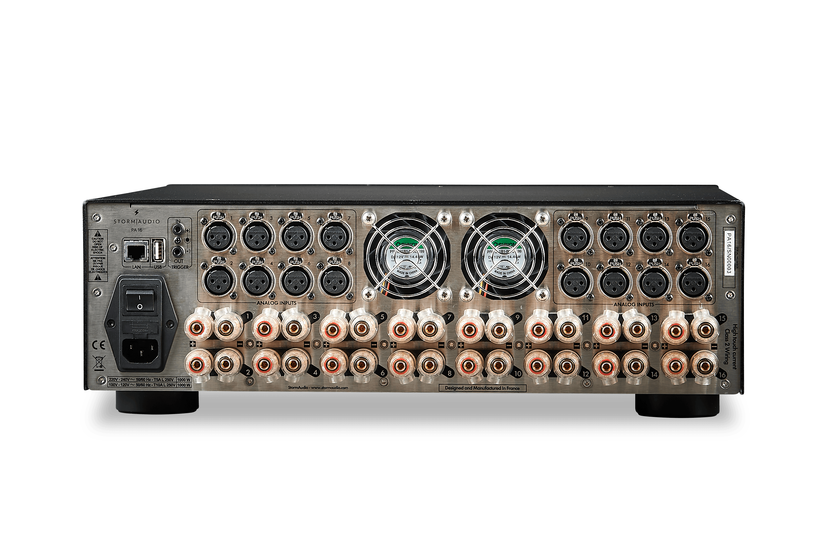 StormAudio PA 16 amplifier back panel with many inputs and fans.