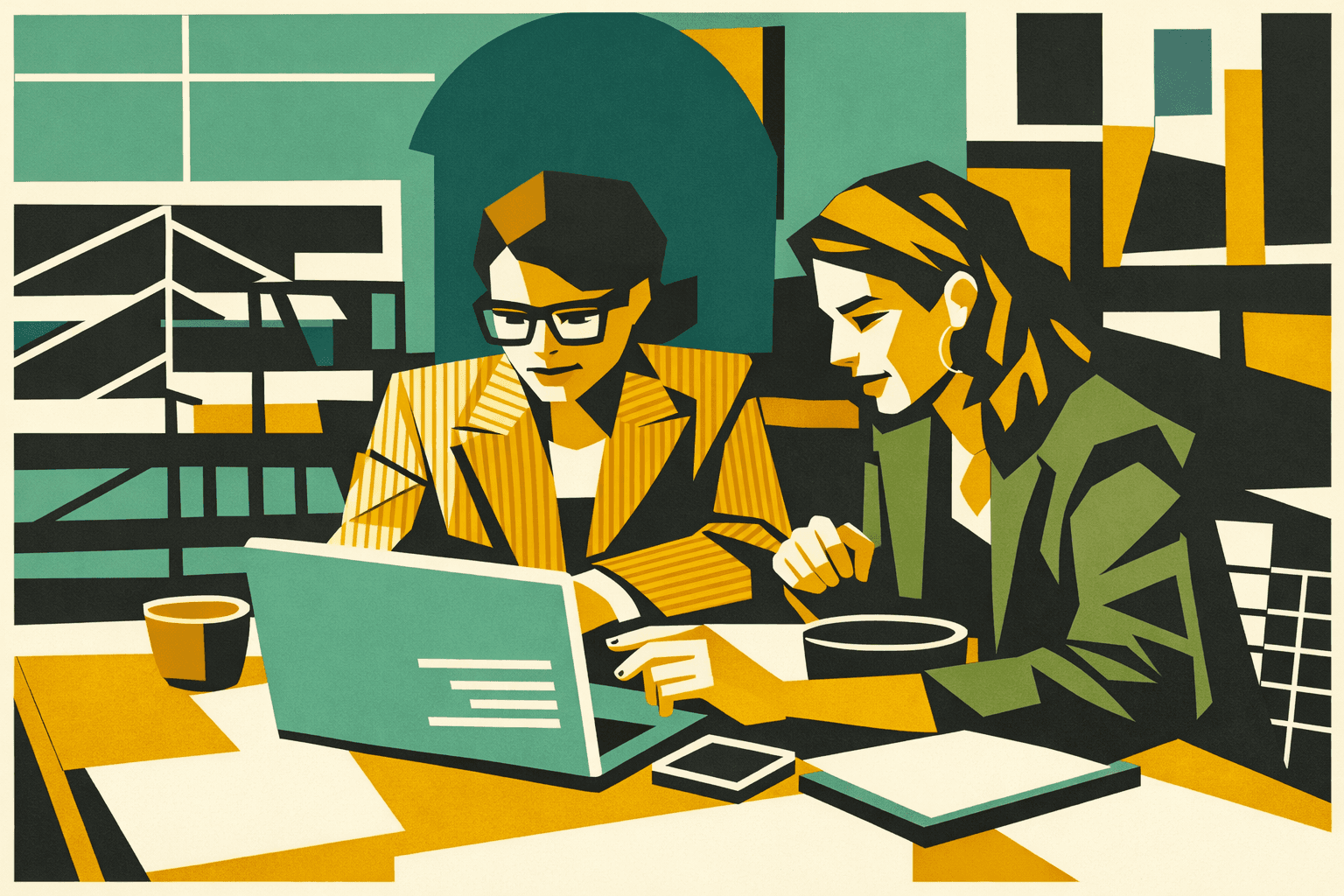 Due professioniste lavorano al laptop confrontandosi su nuove strategie, momento di adattamento e riposizionamento professionale nell’era dell’intelligenza artificiale.