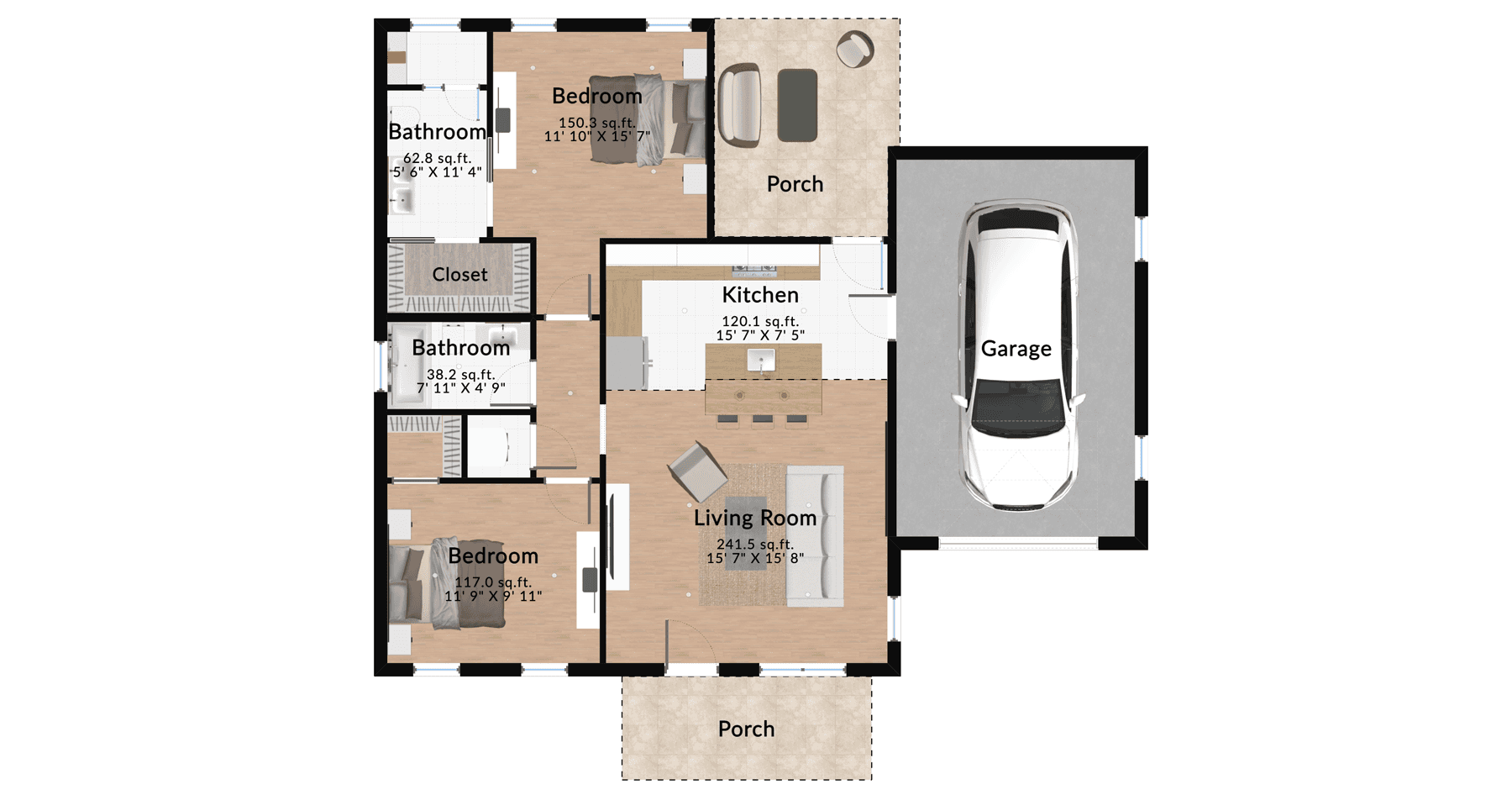 Furnished layout of a two-bedroom house with a cozy living area, modern kitchen, two bedrooms, two bathrooms, and a garage.