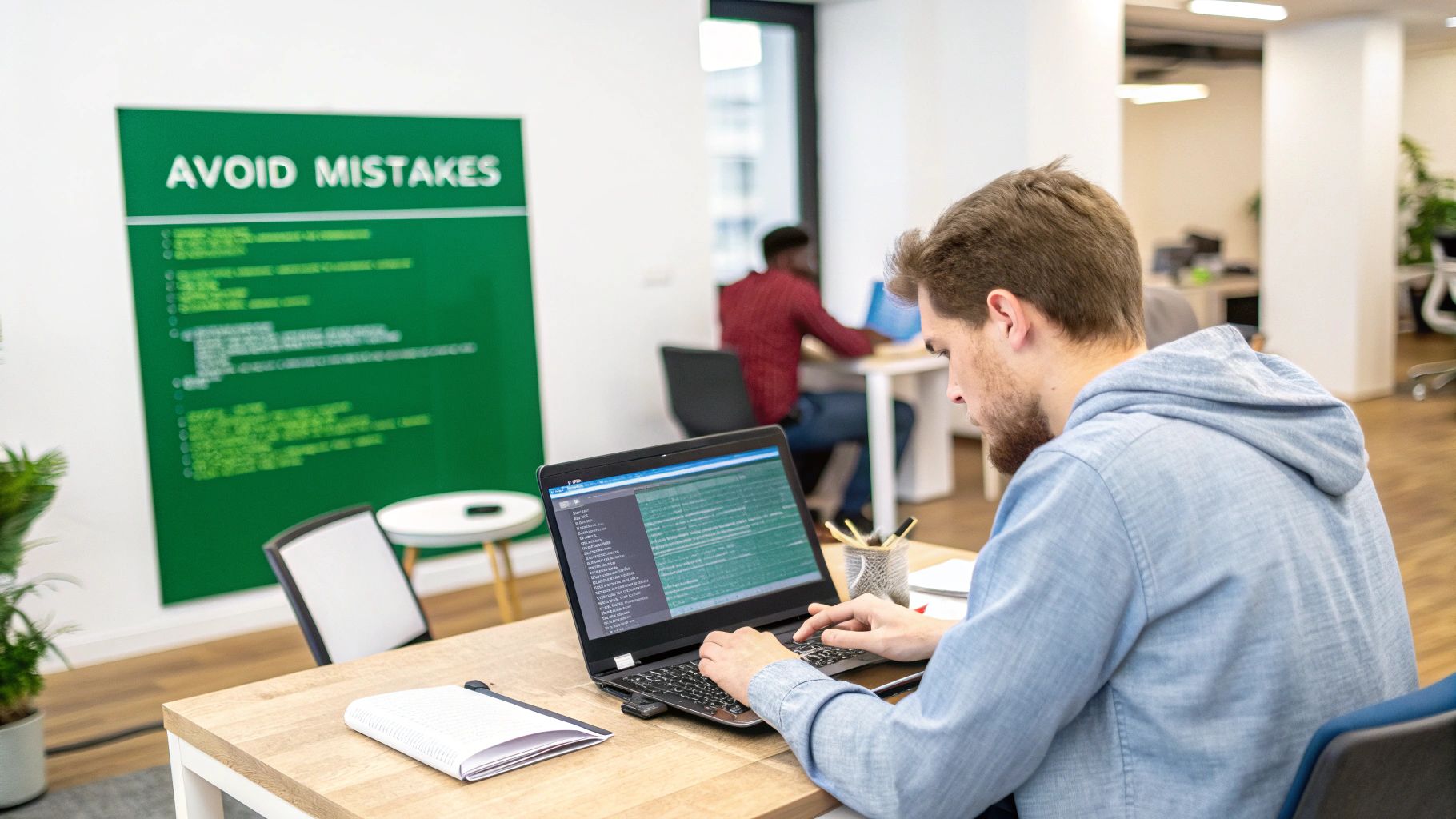 A person looking at a computer screen with code, indicating a technical setup process.