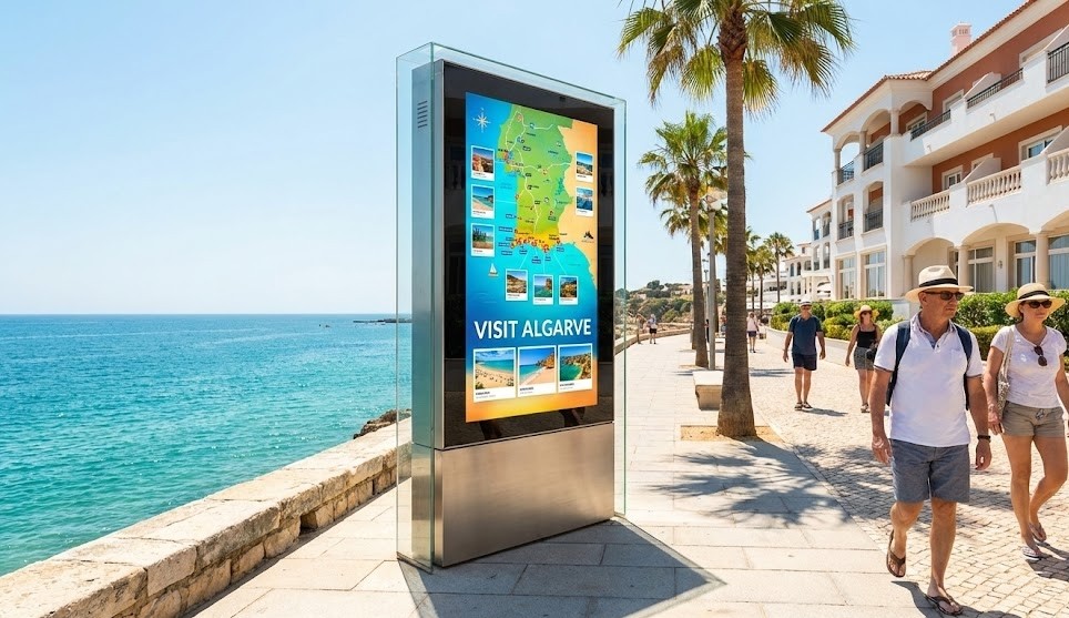Ecrã digital vertical exibindo informação turística "VISIT ALGARVE" numa promenade costeira ensolarada, com transeuntes e um hotel ao fundo.