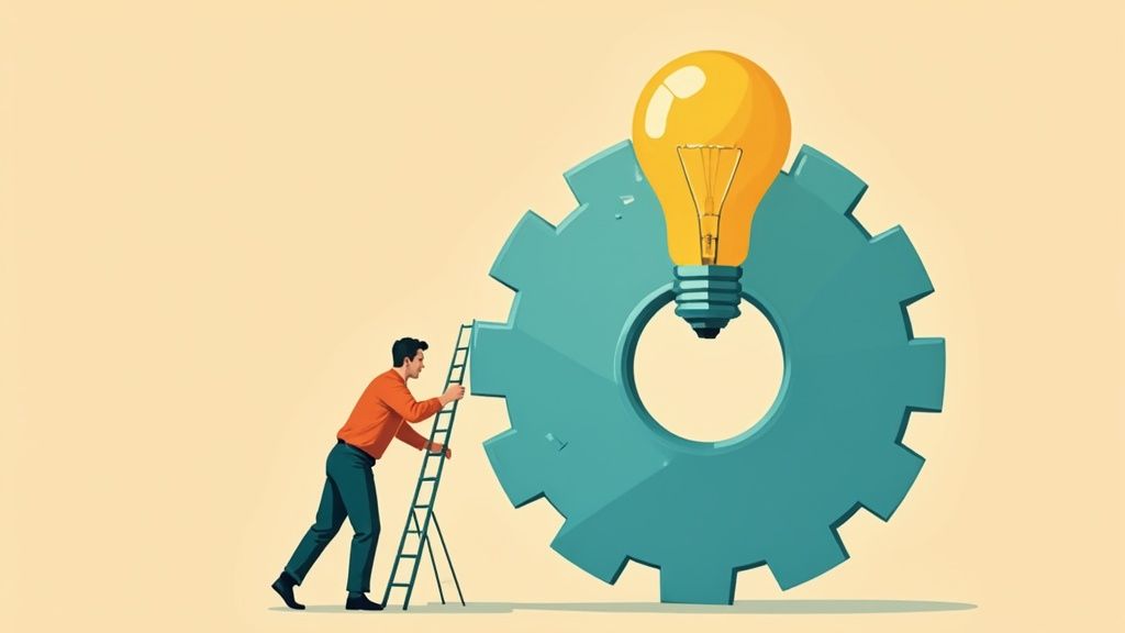 A man climbs a ladder leaning on a large teal gear, reaching towards a bright yellow light bulb.