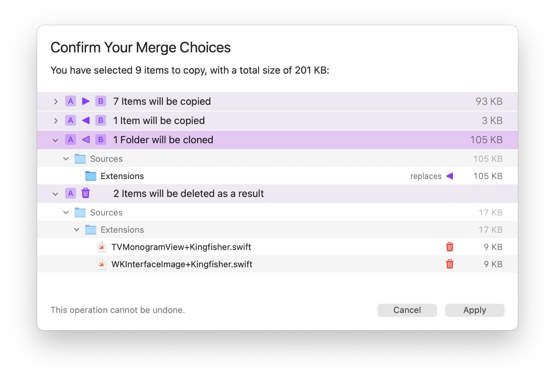 The Comy Summary, showing all operations that will happen when you start copying.