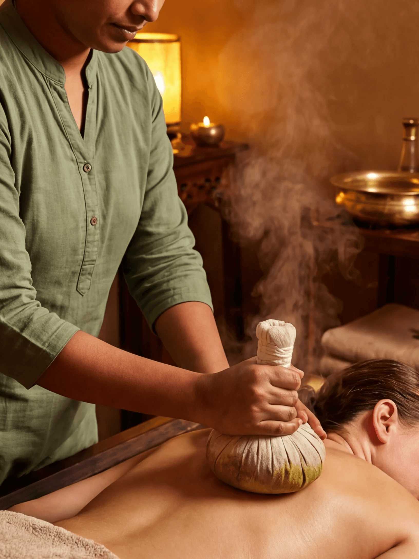 A fully enclosed indoor Ayurvedic therapy room. A female Indian Ayurvedic practitioner wearing muted green cotton attire is performing a classical Kizhi treatment on a female patient lying on a traditional Indian wooden pathi. The patient is clearly female in body structure. The practitioner applies a warm herbal poultice (kizhi) with steady, controlled pressure to a joint or muscle area such as the knee, hip, or upper back. Gentle steam rises from the poultice. Soft, warm ambient indoor lighting, no windows, no natural light. Brass vessels and herbal preparation bowls nearby. Calm, therapeutic environment focused on joint relief and inflammation reduction. Realistic, documentary-style classical Ayurvedic photography.