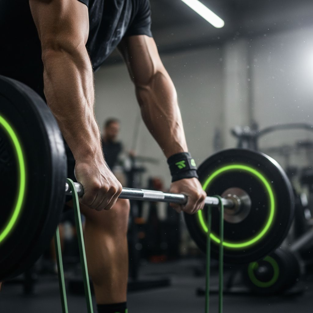 Weightlifter gripping barbell during hypertrophy training set