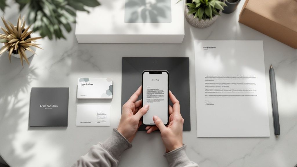 Top-down view of a professional brand stationery set, including business cards, a letterhead, and a smartphone displaying the same document, arranged neatly on a marble desk with modern decor and plants