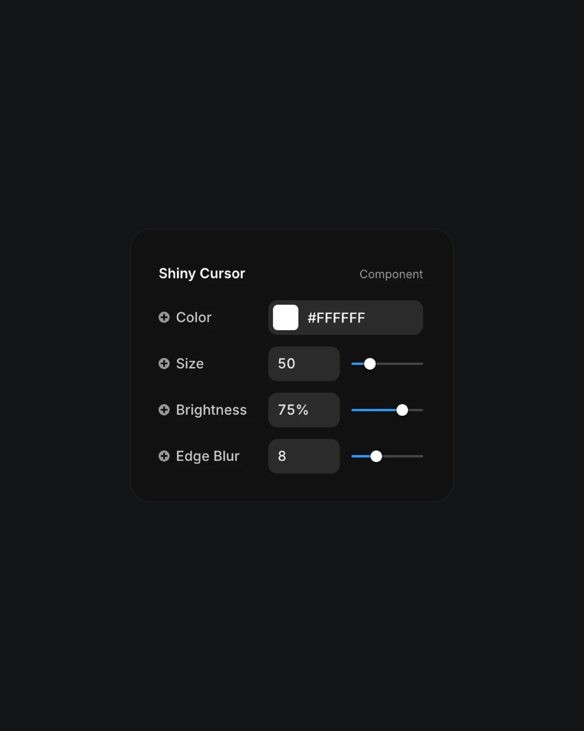 User interface panel for configuring a 'Shiny Cursor' with settings for color, size, brightness, and edge blur on a dark background