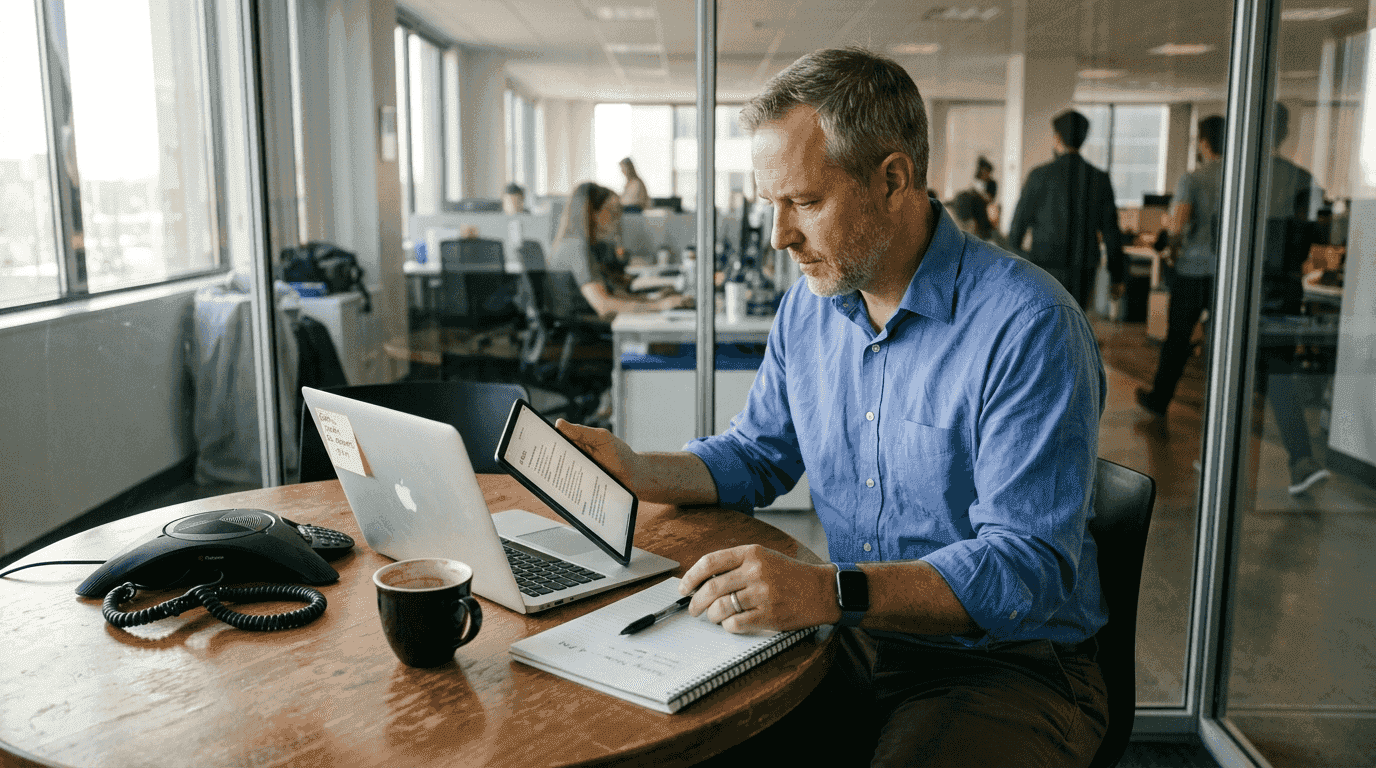 Professional using AI-generated meeting summary on a tablet