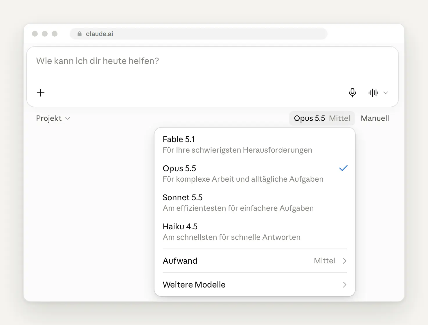Modellauswahl in Claude mit Fable 5.1, Opus 5.5, Sonnet 5.5 und Haiku 4.5
