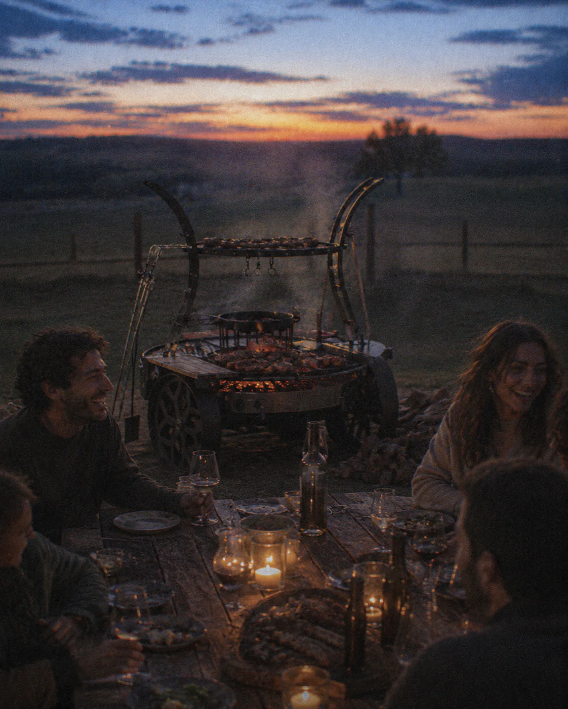 Asado over open fire at dusk on the Argentine pampa