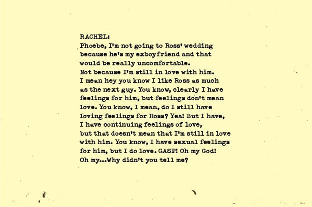 The image shows a typed letter on cream-colored paper. The letter is addressed to "RACHEL:" and begins with "Phoebe, I'm not going to Ross' wedding because he's my exboyfriend and that would be really uncomfortable." The letter continues with Phoebe explaining that she is not in love with Ross because she has feelings for him, but does not feel the same level of love for him as she does for someone else. The letter concludes with Phoebe expressing confusion about why Ross didn't tell her about his sexual feelings for her.