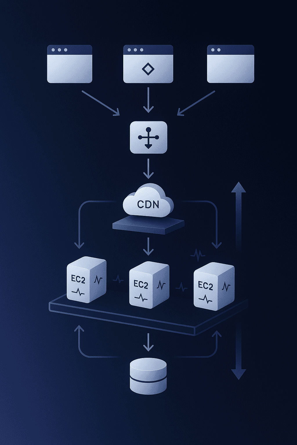 Isometric cloud flow of CMS scaling with CDN, load balancer, auto-scaling EC2 group, and database layers.