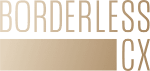 Borderless CX logo with beige text and a horizontal gradient bar.