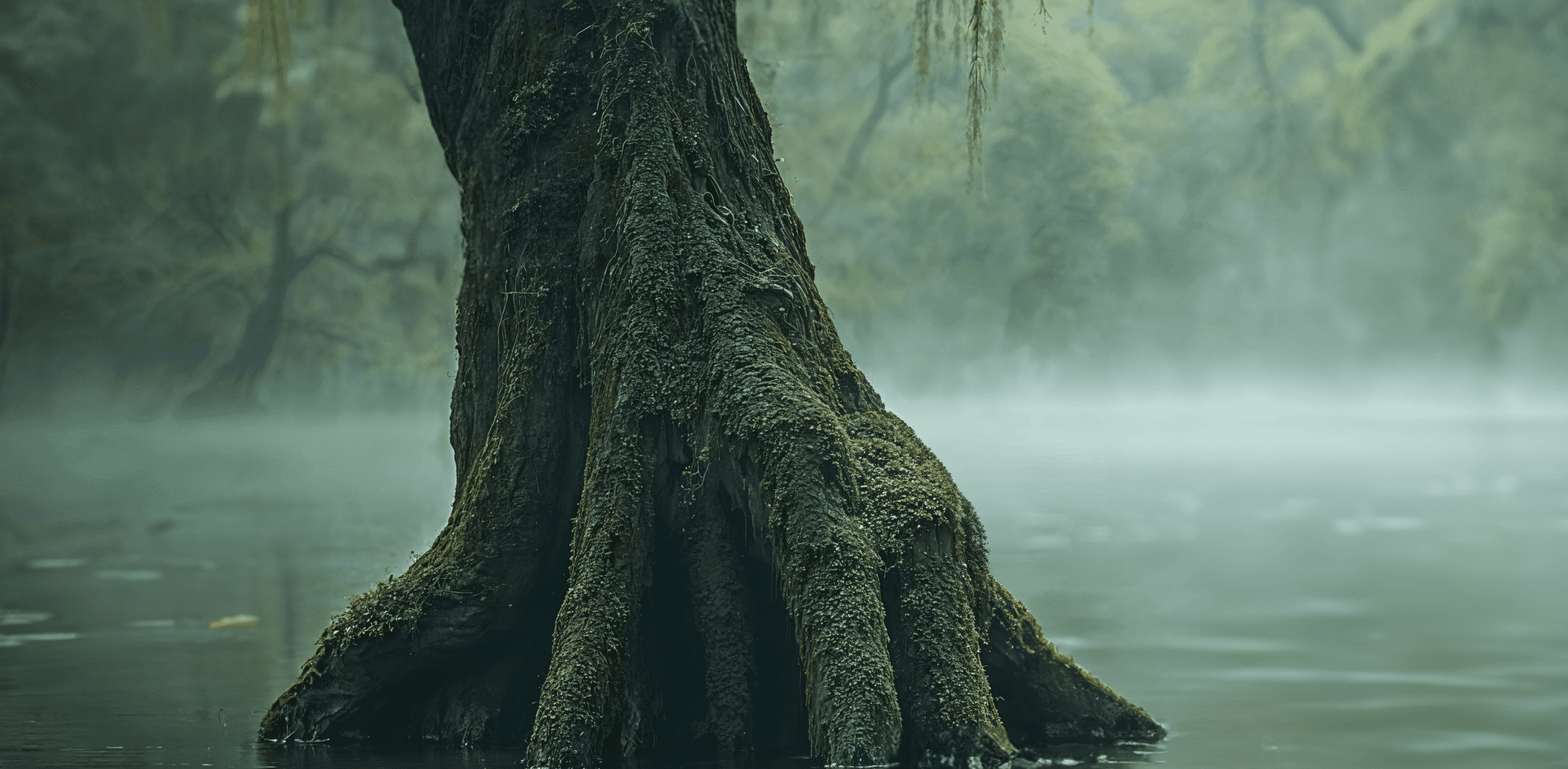 An ancient, mossy tree trunk rising from a misty lake.