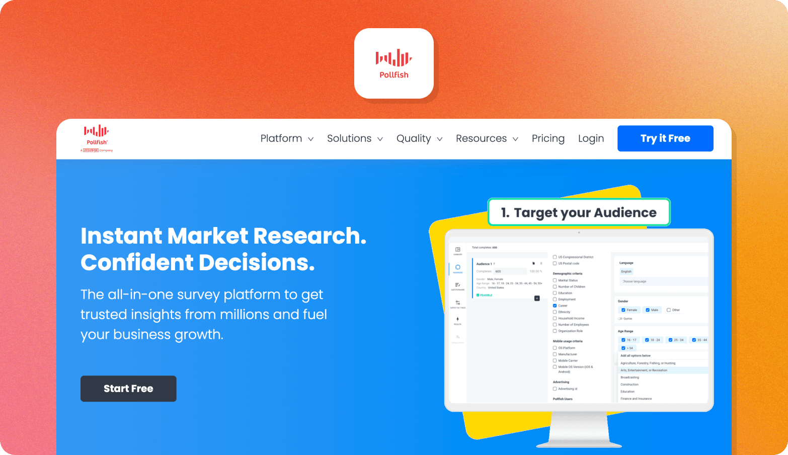 Pollfish homepage screenshot showing the tagline "Instant Market Research. Confident Decisions."