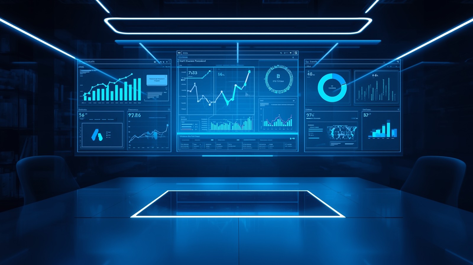 A professional, hyper-realistic digital marketing workspace with holographic analytics dashboards