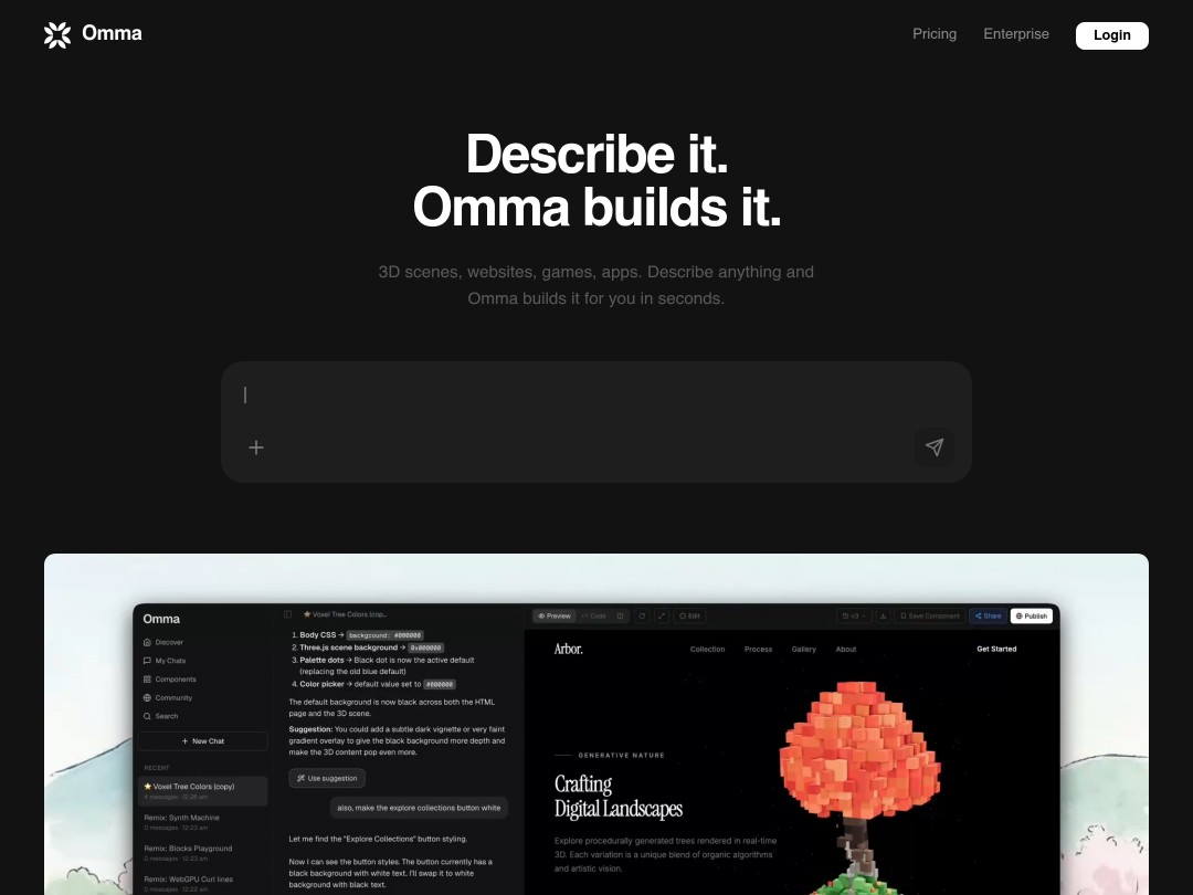Website with dark theme showcasing digital creation platform UI.