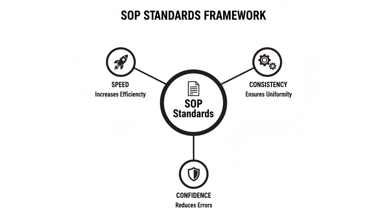 A diagram showing SOP Standards Framework with benefits: Speed, Consistency, and Confidence.