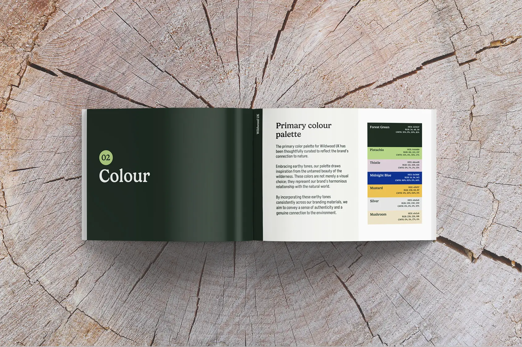 An open booklet displayed on a textured surface, featuring text and color swatches.