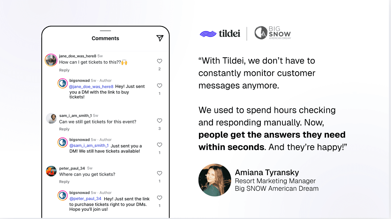 Instagram comments screenshot showing Big SNOW American Dream's account automatically responding to multiple fans asking how to get tickets by sending direct booking links via DM, paired with a quote from Resort Marketing Manager Amiana Tyransky saying the team no longer has to manually monitor messages because customers now get answers within seconds.