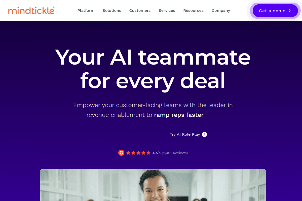 Mindtickle homepage, revenue enablement and readiness platform