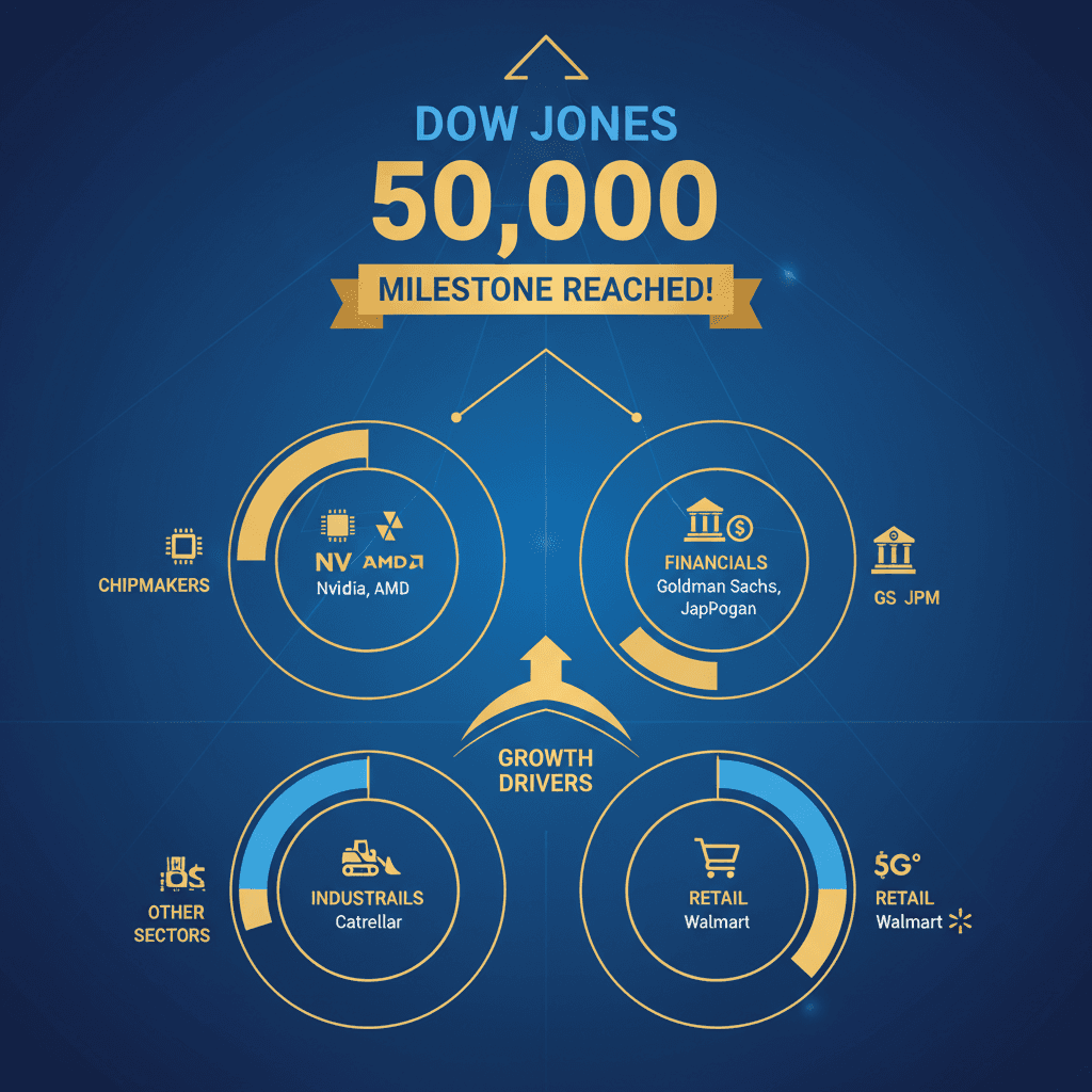 Dow Jones 50,000 sector contributions infographic