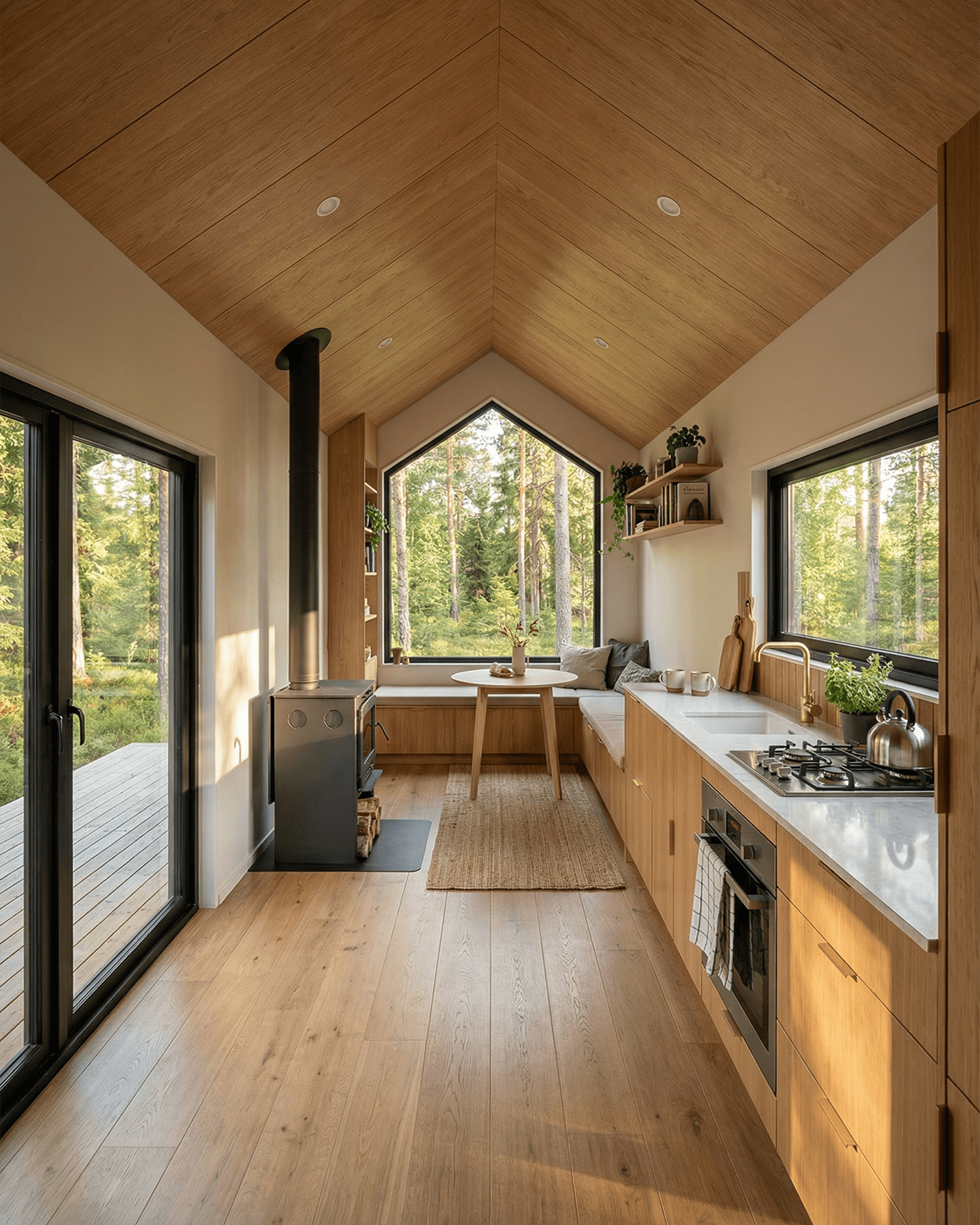 Open plan cabin plan interior featuring a modern galley kitchen, wood-lined gabled ceiling, large windows, and a cozy dining nook overlooking the forest.