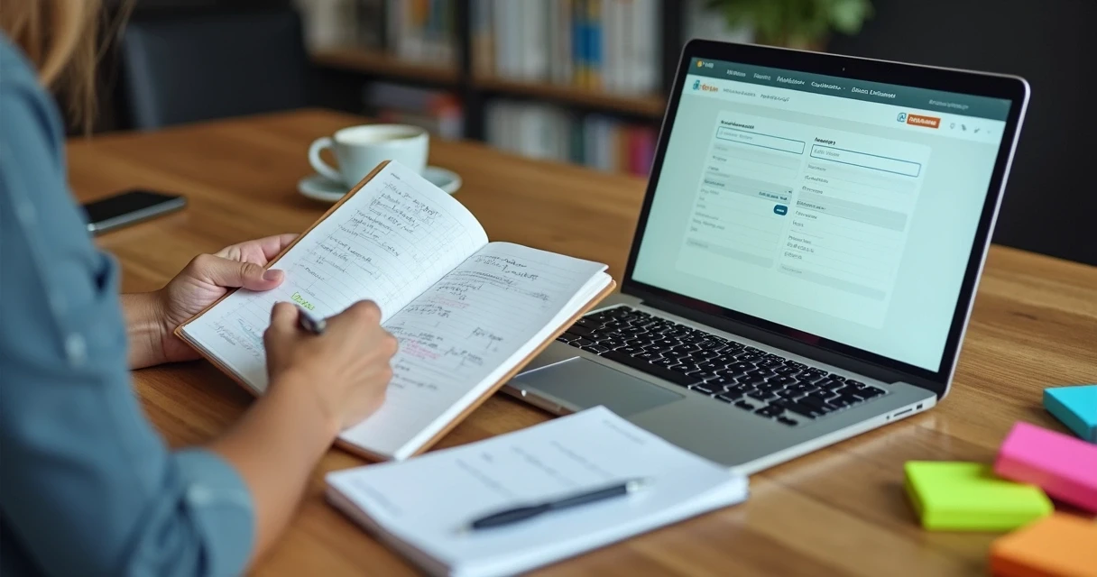 Nutricionista ajustando agenda online e agenda de papel lado a lado 