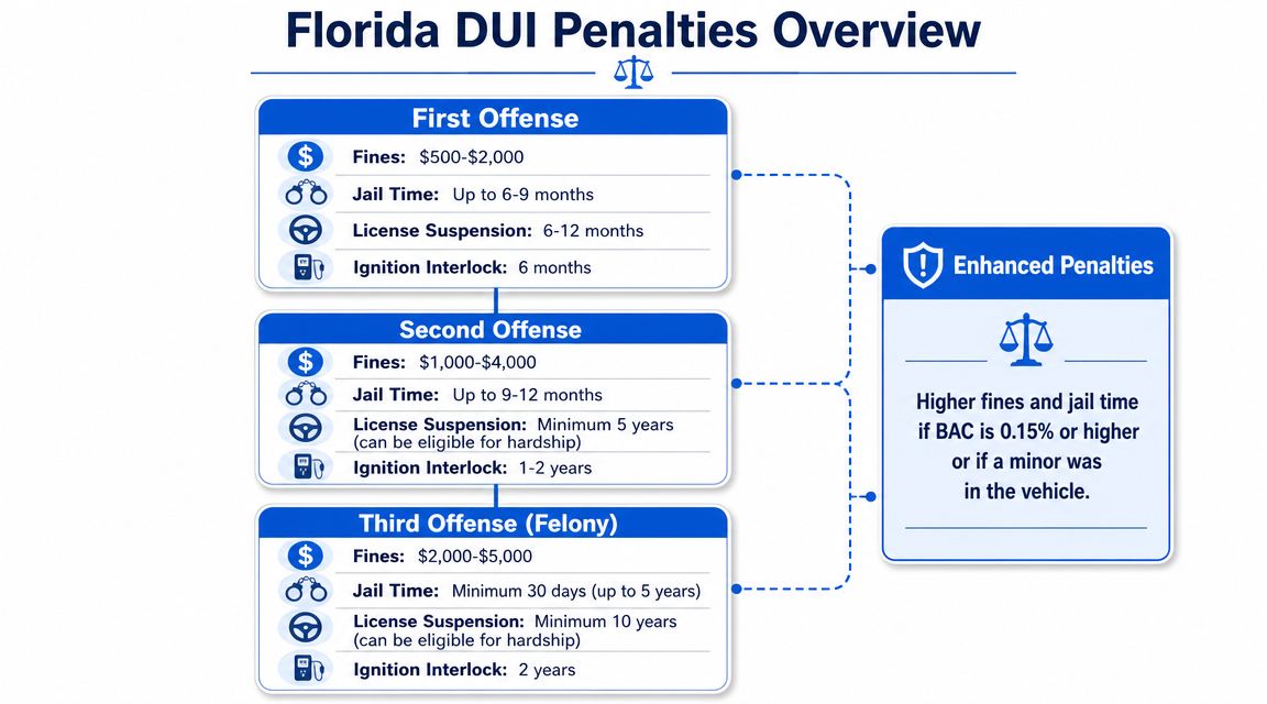 A summary chart outlining the fines, jail time, and license suspension for first, second, and third DUI offenses in Florida.