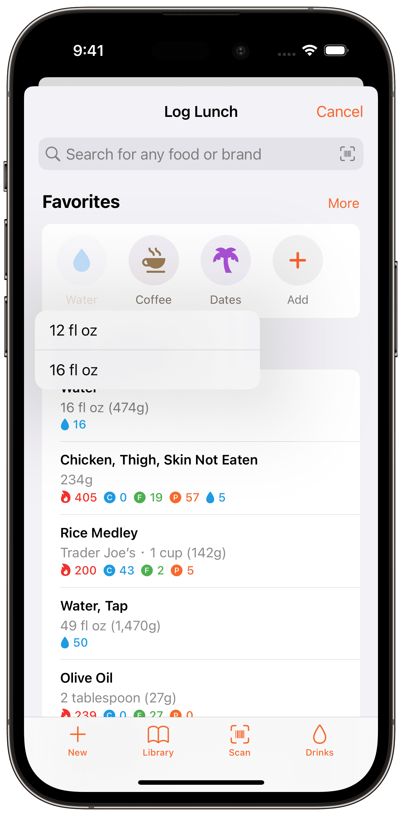 Log food screen with the new favorites bar and a dropdown menu on the water favorite with two presets: 12 fl oz and 16 fl oz